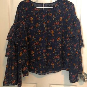 Madewell Navy Climbing Vine floral ruffle sleeve blouse shirt size large